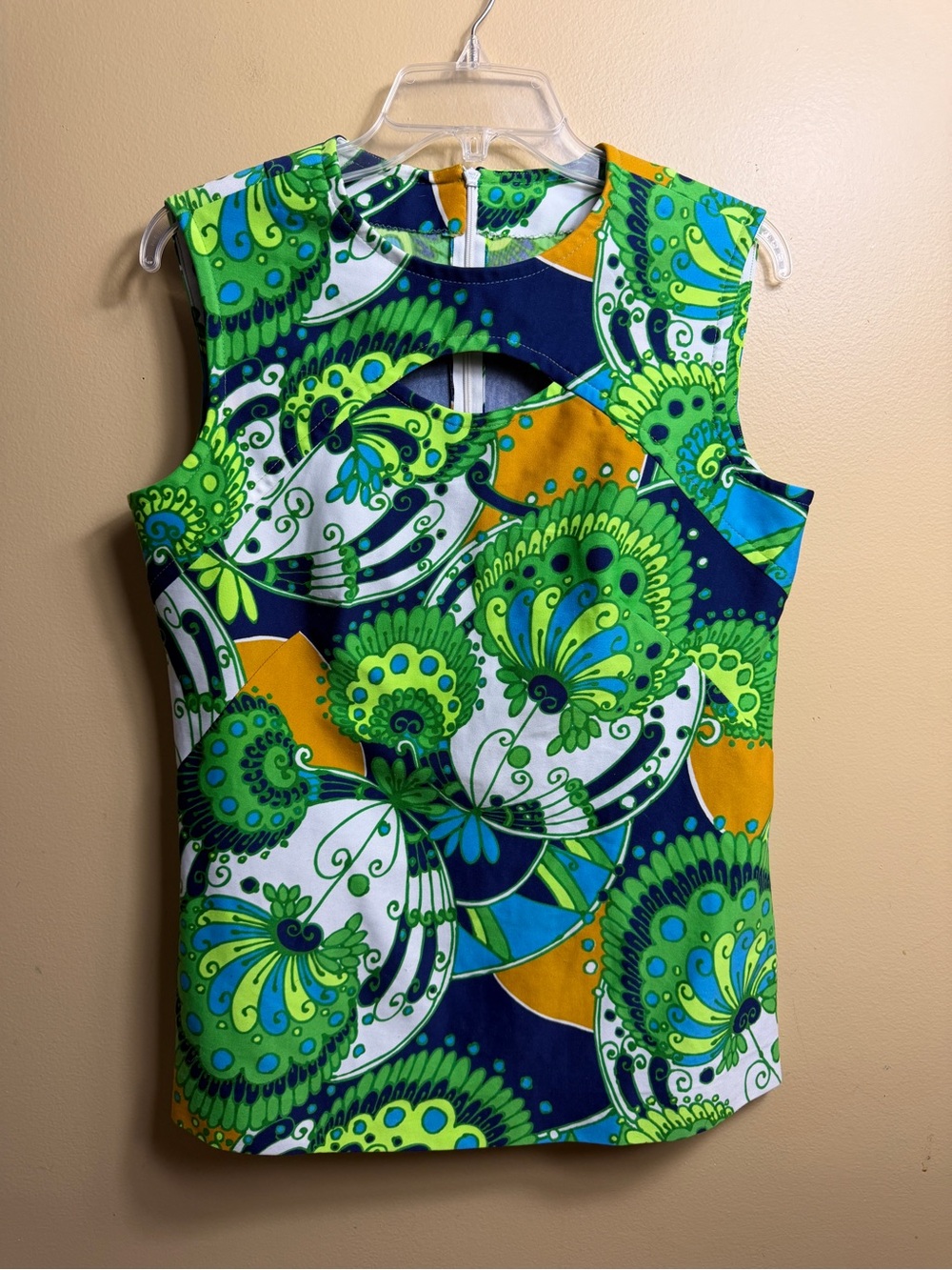 Vintage 60s Psychedelic Mod Cut Out Sleeveless Top Green Blue Metal Zip Blouse S